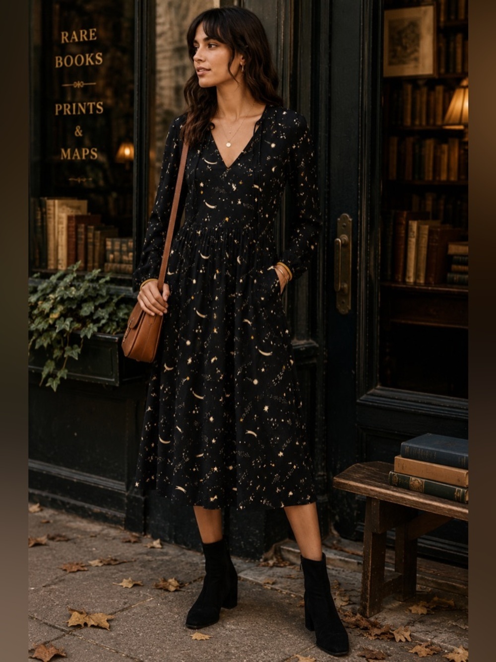 Boden Celestial Moon Star Print Black Jersey Midi Dress Petite 4P